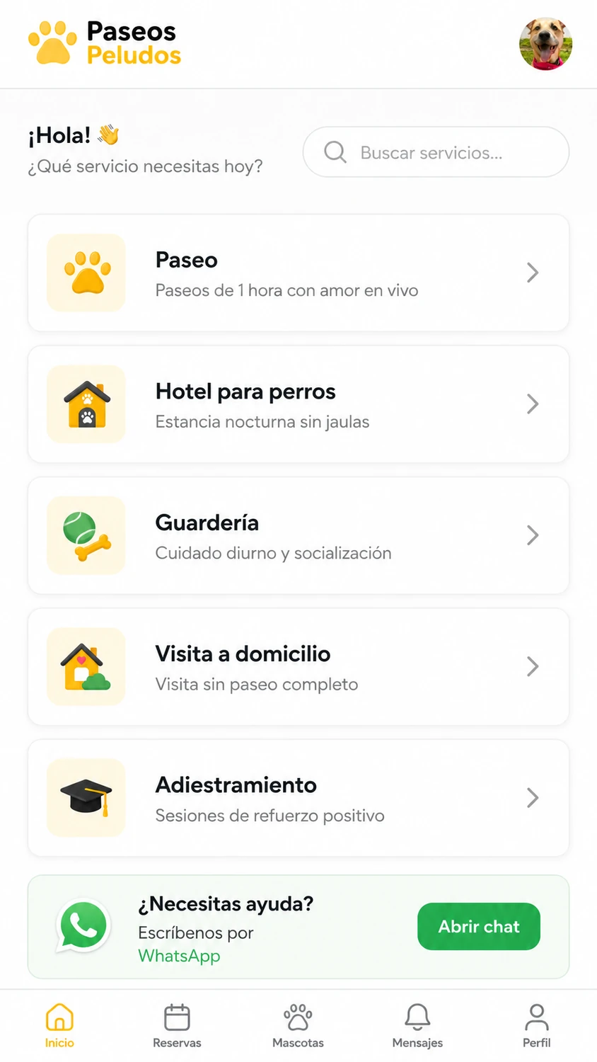 Pantalla principal clara de la app Paseos Peludos