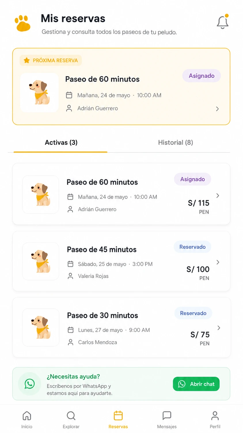 Pantalla de reservas de la app Paseos Peludos